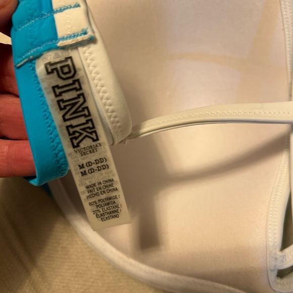 PINK Victoria's Secret Aqua/Blue/White Bikini Top T-Back Padded women’s Sz D-DD - Picture 2 of 13